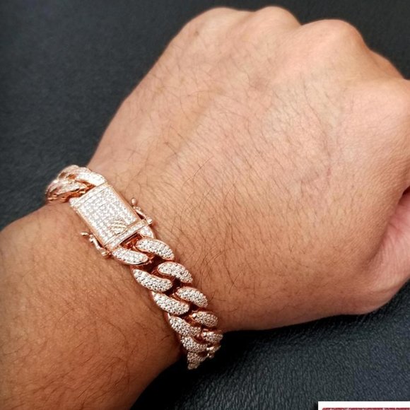 Sterling Silver 925 Rose Gold CZ Encrusted Cuban Bracelet 11.5mm